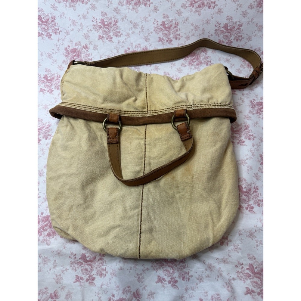 Lucky Brand Vintage Canvas Leather Shoulder Hobo Purse Bag 13x15
